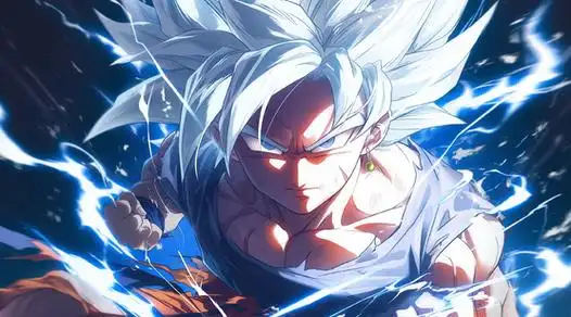 龙珠悟空壁纸,难舍的童年,手握拳头,一头白色爆炸发型,浑身带闪电发功