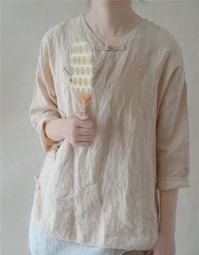 中式禅意袖小七分亚麻襟盘领斜文艺复古衬衫