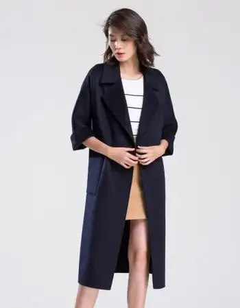高端双面羊绒大衣女中长款韩版宽松羊毛呢子外套2017新款 藏蓝色 m