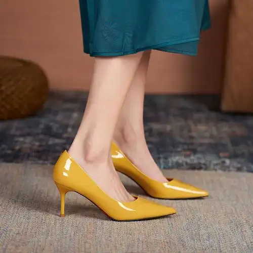 皮真皮鞋亮皮真皮高跟鞋女漆皮漆面裸色单鞋简约通勤尖头浅口细跟绿色