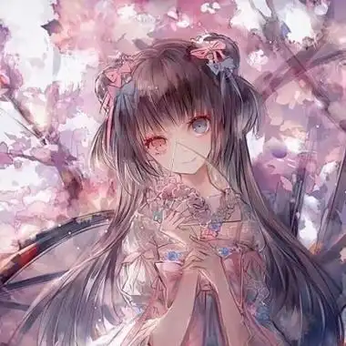 二次元 少女 黑色长直 异瞳:右粉左蓝 唯美 梦幻 扇子 蓝粉色系 樱花