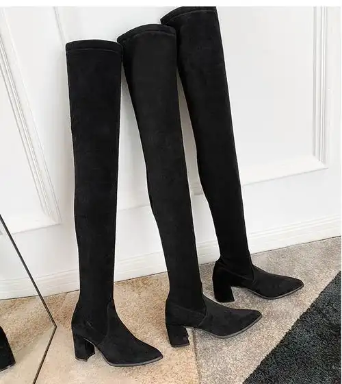 超长过膝长靴高筒靴70厘米女高跟到大腿根女粗跟尖头长筒靴女瘦腿 筒