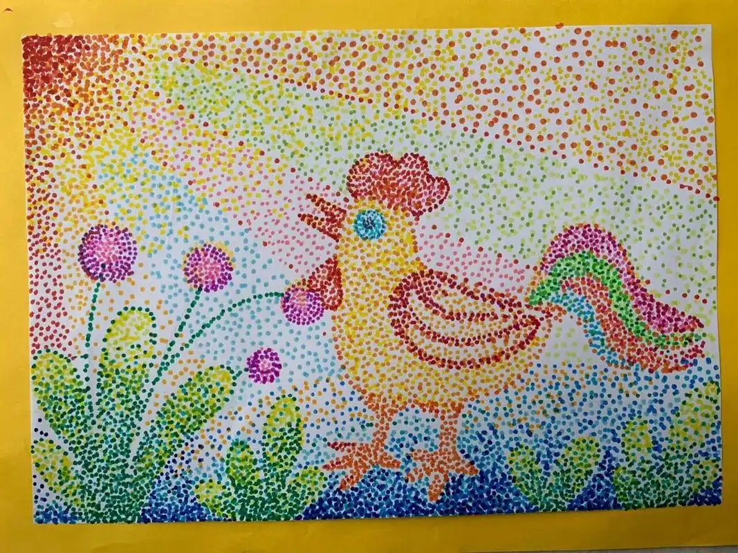 二年级《彩点点》范画和小练习 最近在家里上课,线上课就让孩子们开心