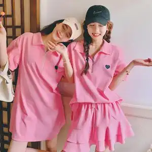粉色polo衬衫连衣裙女夏半身裙套装小个子不一样闺蜜装甜美两件套
