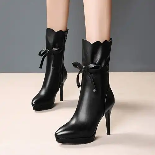 全真真皮中筒靴女2020秋冬新款加绒圆马丁靴细时装靴