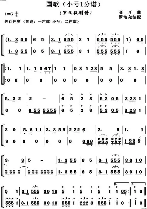 中华人民共和国国歌(小号分谱) 歌谱简谱网