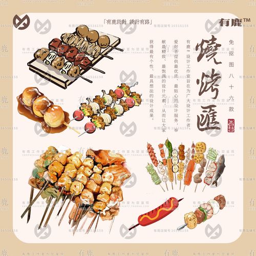 烤串撸串羊肉串烧烤肉bbq手绘卡通美食物菜单插画png免抠图案素材