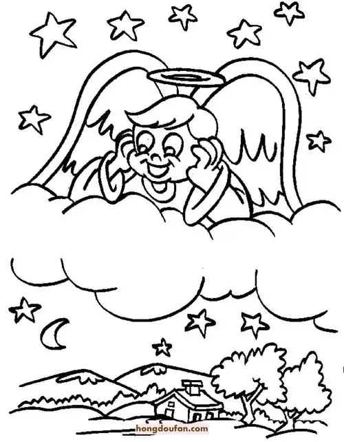10张梦境中的月亮和可爱小天使卡通儿童填色图片-红豆饭小学生简笔画