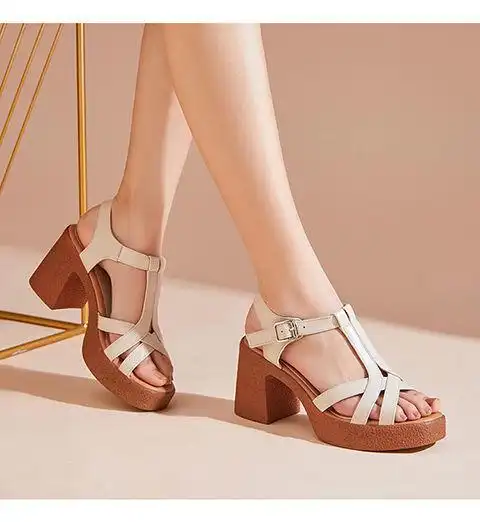 鞋子女夏季仙女风坡跟厚底粗跟防滑软皮鱼嘴罗马高跟鞋女凉鞋 黑色 36