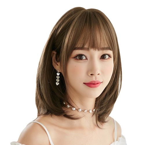 lazada时尚wig女hair齐肩齐刘海长发空气刘海化纤头套