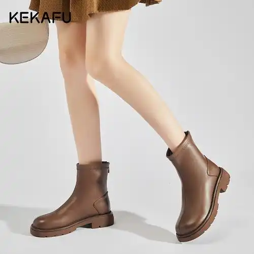 珂卡芙炸街小短靴女秋冬2023新款棕色短筒靴女单靴后拉链马丁靴子