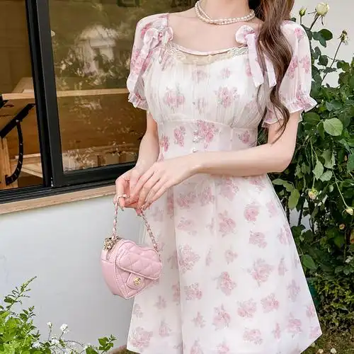 2024夏季甜美减龄泡泡短袖方领收腰显瘦a字印花蓬蓬公主连衣裙… - 17