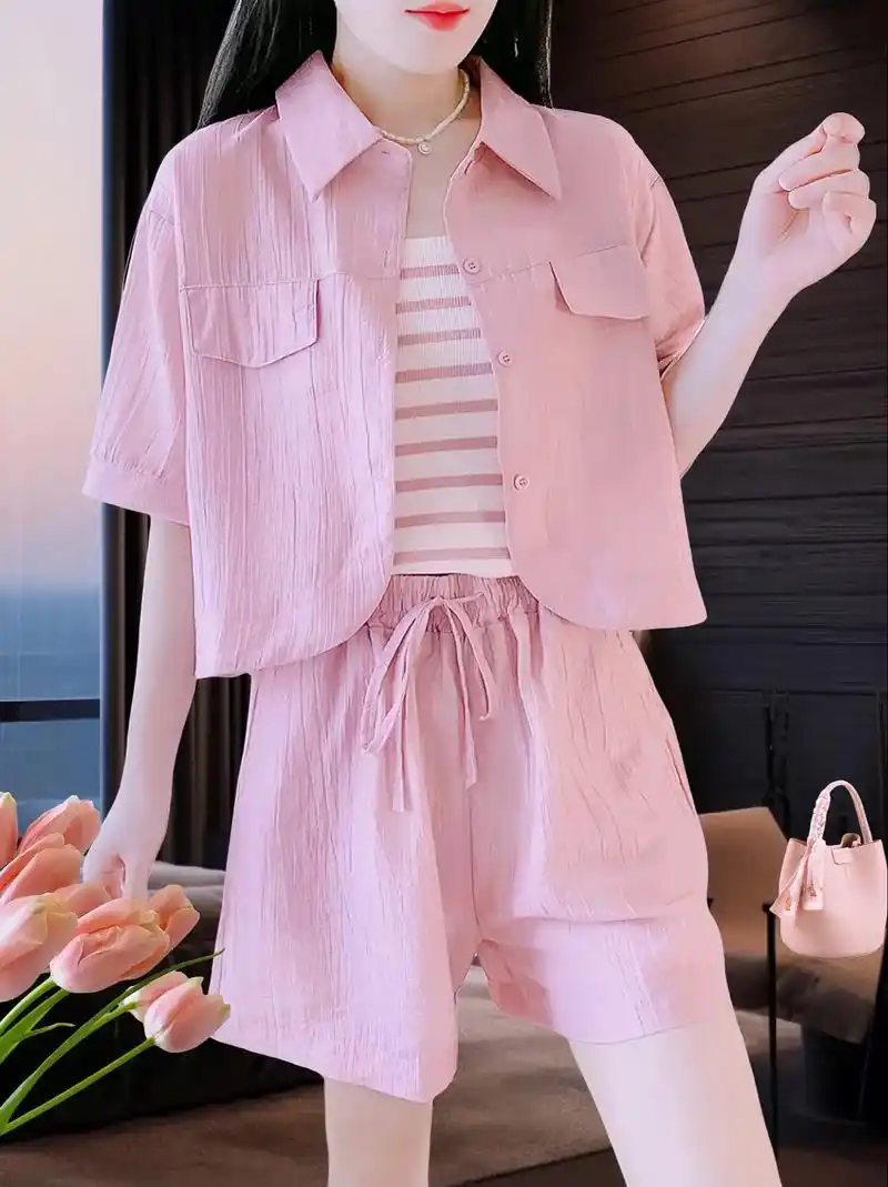 粉色短裤套装女,一套三件,时尚又舒适!雪纺面料轻盈飘逸,显瘦 - 抖音