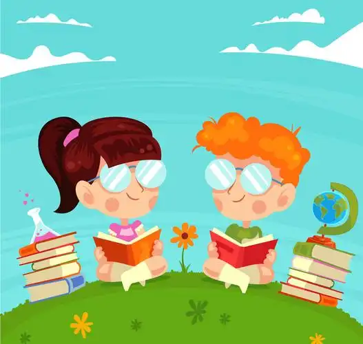 可爱草坪上读书的2个儿童矢量图