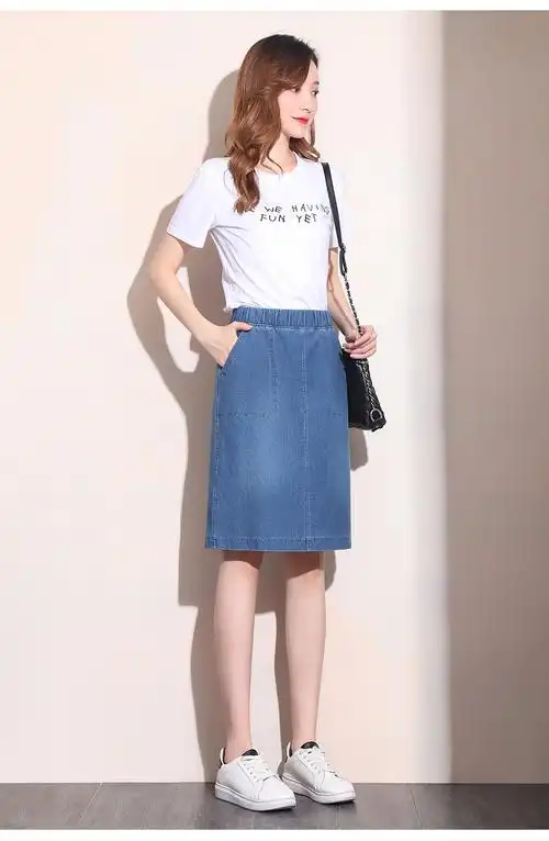 汉妮雅 大码牛仔短裙半身裙女2021春夏新款显瘦包臀裙休闲中裙过膝一