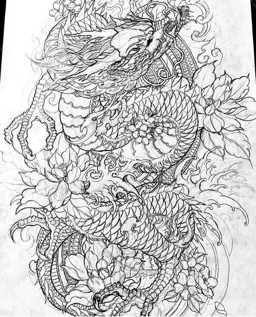 满背新传统青龙纹身手稿素材