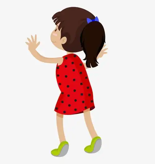 手绘红裙子的小女孩背影