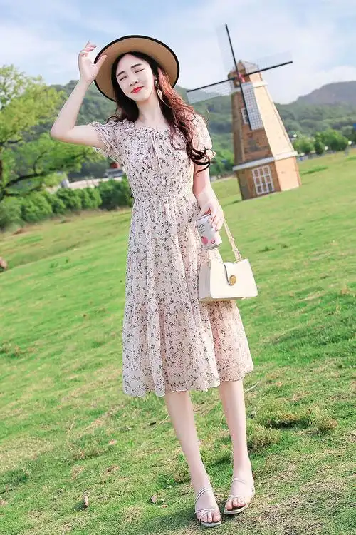 夏天新款高档品牌名媛气质连衣裙碎花雪纺连衣裙女夏新款韩版收腰显瘦