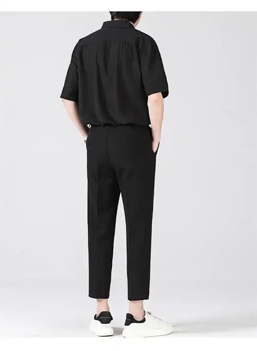 冰丝透气夏季九分西裤男宽松韩版休闲裤短袖五分袖衬衫两件套潮009白