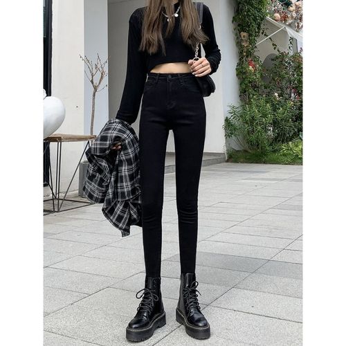 黑色破洞牛仔裤女2022年新款高腰显瘦紧身修身小脚裤子夏季薄款