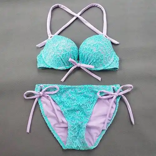 比基尼聚拢性感显胸大三角泳装超暴露三点式分体泳衣女小胸bikini 粉