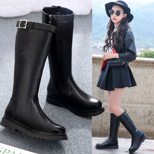 乔僖枫女童长靴2023年秋冬小女孩儿童长筒靴高筒鞋单靴网红子 黑 色加