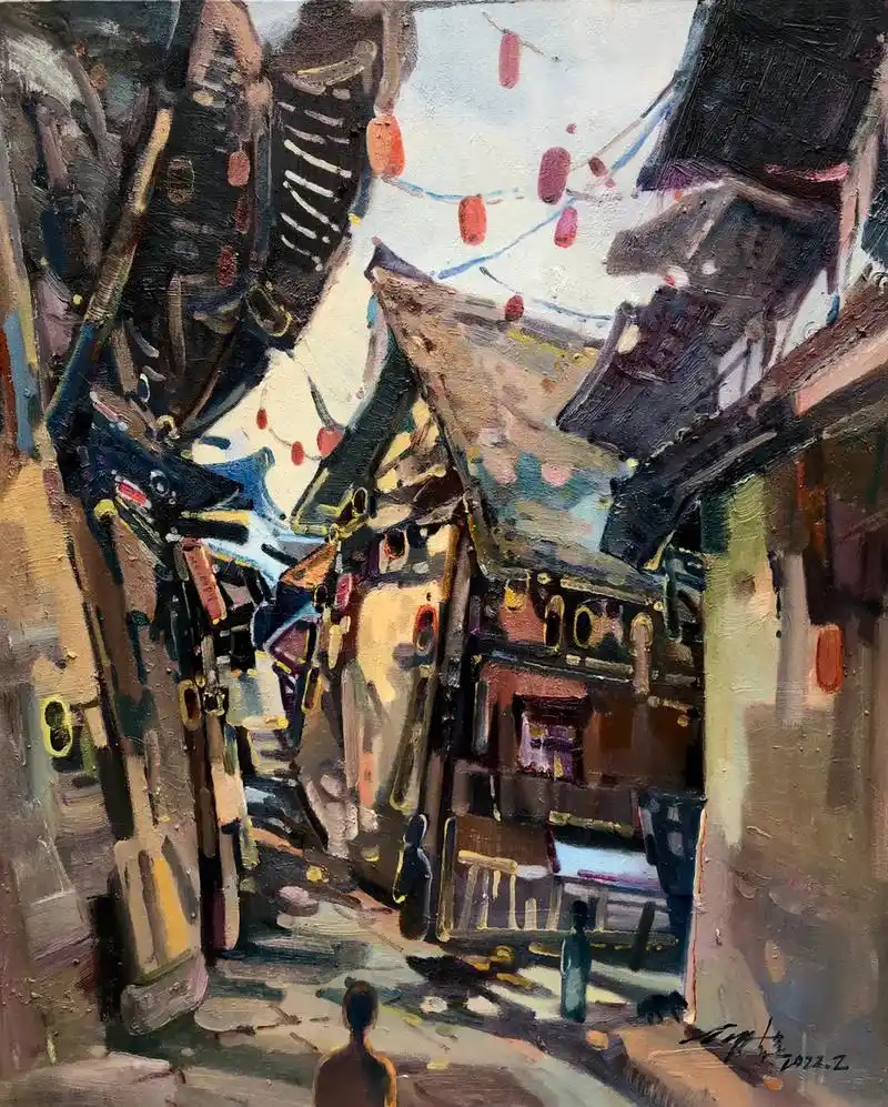 油画 #原创绘画 《梦中游古镇》65*80cm - 抖音