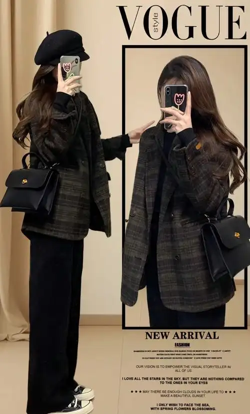 美宝们~这款复古小香风格子毛呢外套真的太好看了吧!