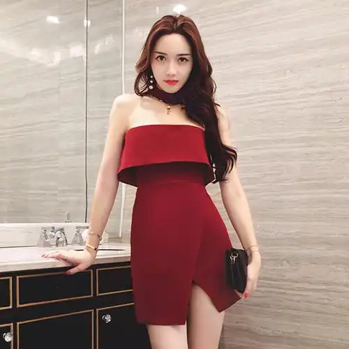 一字领露肩小礼服裙子荷叶边开叉显瘦连衣裙抹胸生日聚会晚礼服女