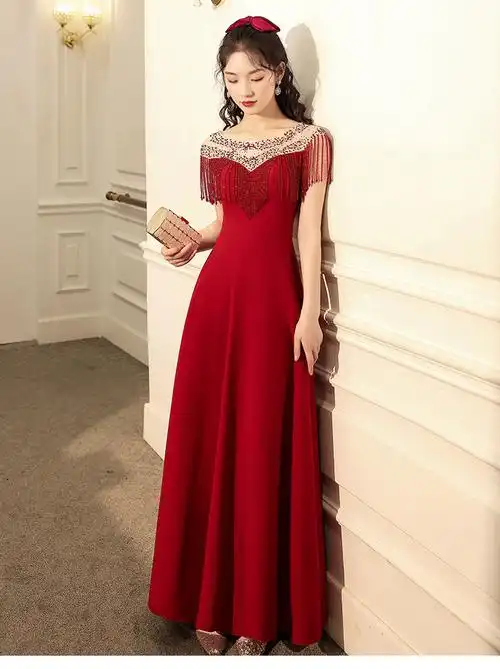 红色小晚礼服裙女遮手臂宴会重工演出服主持人夏季敬酒服新娘