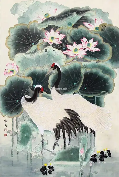 0068双鹤立轴绢本