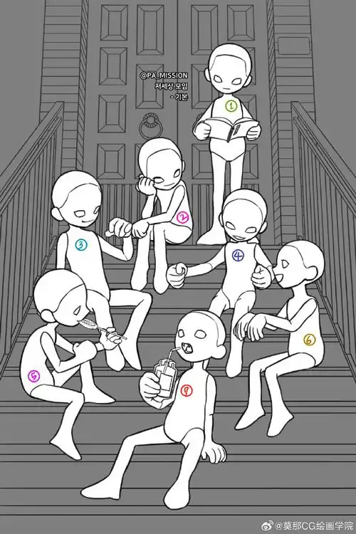 绘画超话#绘画参考##绘画素材#q版多人组合参考