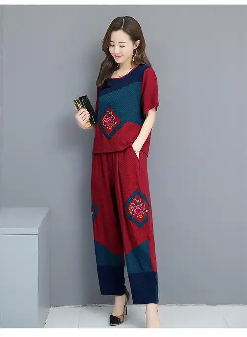 p2266棉麻民族风套装女夏季大码宽松复古刺绣阔腿裤时尚两件套