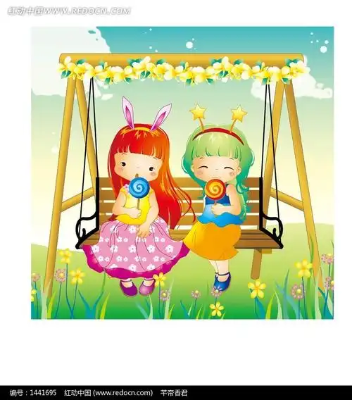 坐在长椅上吃棒棒堂的两个小女孩