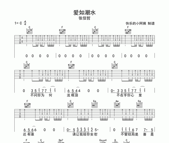 《爱如潮水》吉他谱_张信哲_c调扫弦版