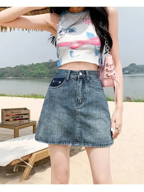 小个子牛仔短裙女夏季设计感小众a字半身裙高腰防走光裙美式复… - 17