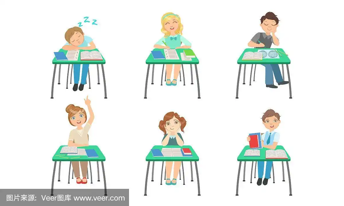 可爱的小学坐在课桌上的孩子,在学校上课的孩子,在学校矢量插图学习的