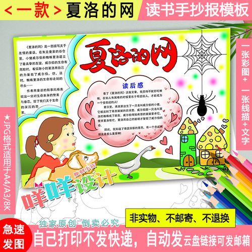 夏洛的网好书推荐卡描线涂色三年级必读课外阅读书空白手抄报模板
