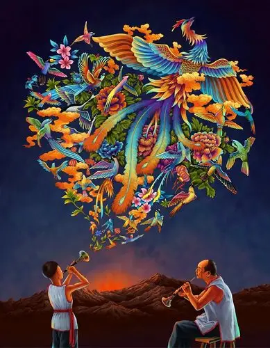 原创作品:百鸟朝凤手绘版海报