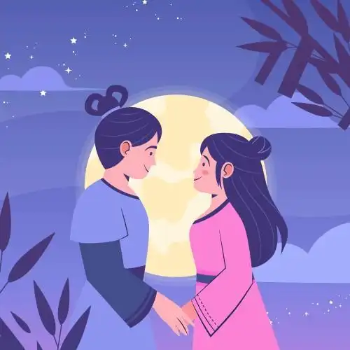 卡通彩绘古风男女七夕月夜相会矢量素材