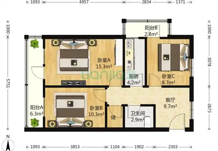 车道沟南里3室1厅1卫80平米装修案例-车道沟南里-一起装修网