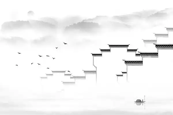 江南水乡水墨插画手绘徽派建筑水彩古风风景背景