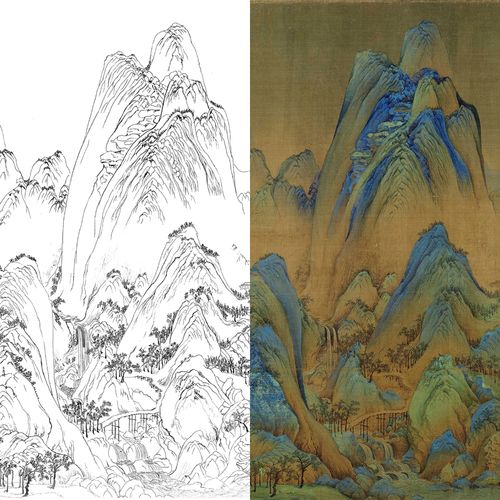 工笔画打印白描底稿千里江山图局部线稿初学者临摹勾线上色练习