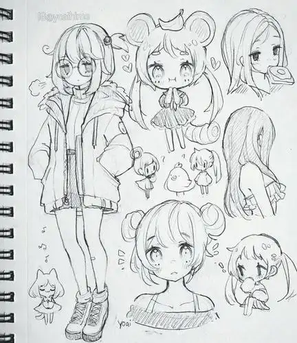 手绘线描:手稿素材,可爱动漫人物铅笔稿