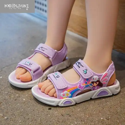 可莉允女童凉鞋夏季公主凉鞋中大童沙滩鞋可爱风软底彩虹女孩运动凉鞋