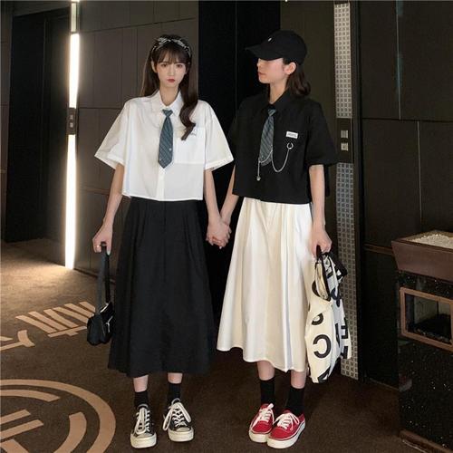 闺蜜装夏季2022夏季新款套装女学生韩版宽松短袖衬衫闺蜜装两人半身裙