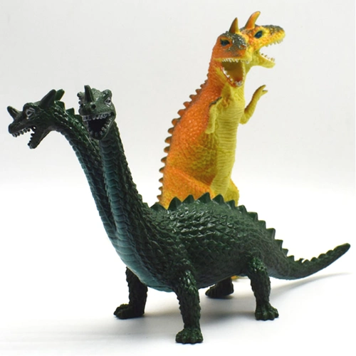 定制绿色和黄色乙烯恐龙 pvc 动物玩具,oem 双头怪物 pvc 恐龙