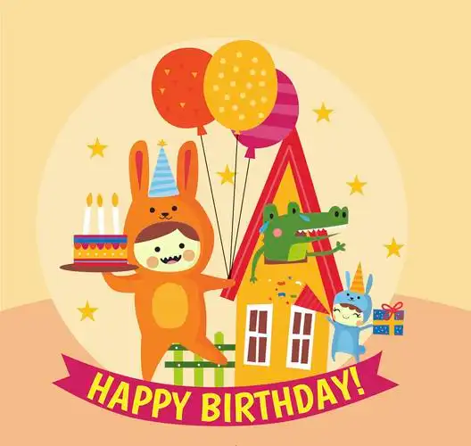 可爱兔子装儿童生日贺卡矢量图
