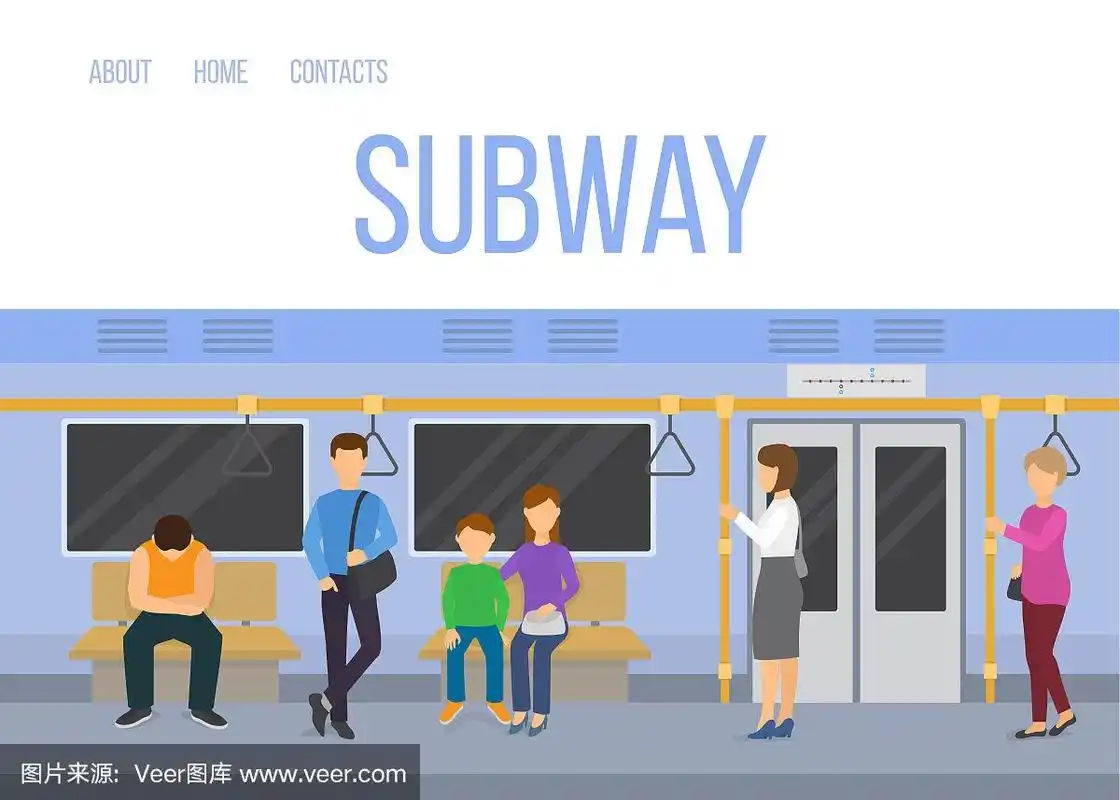 地铁地下列车车厢内部与通勤乘客坐立矢量插图.蓝色的赛百味模板.