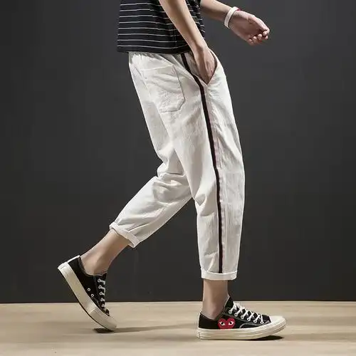 夏季薄款棉麻裤子男休闲裤修身小脚韩版个性潮青少年哈伦裤九分裤